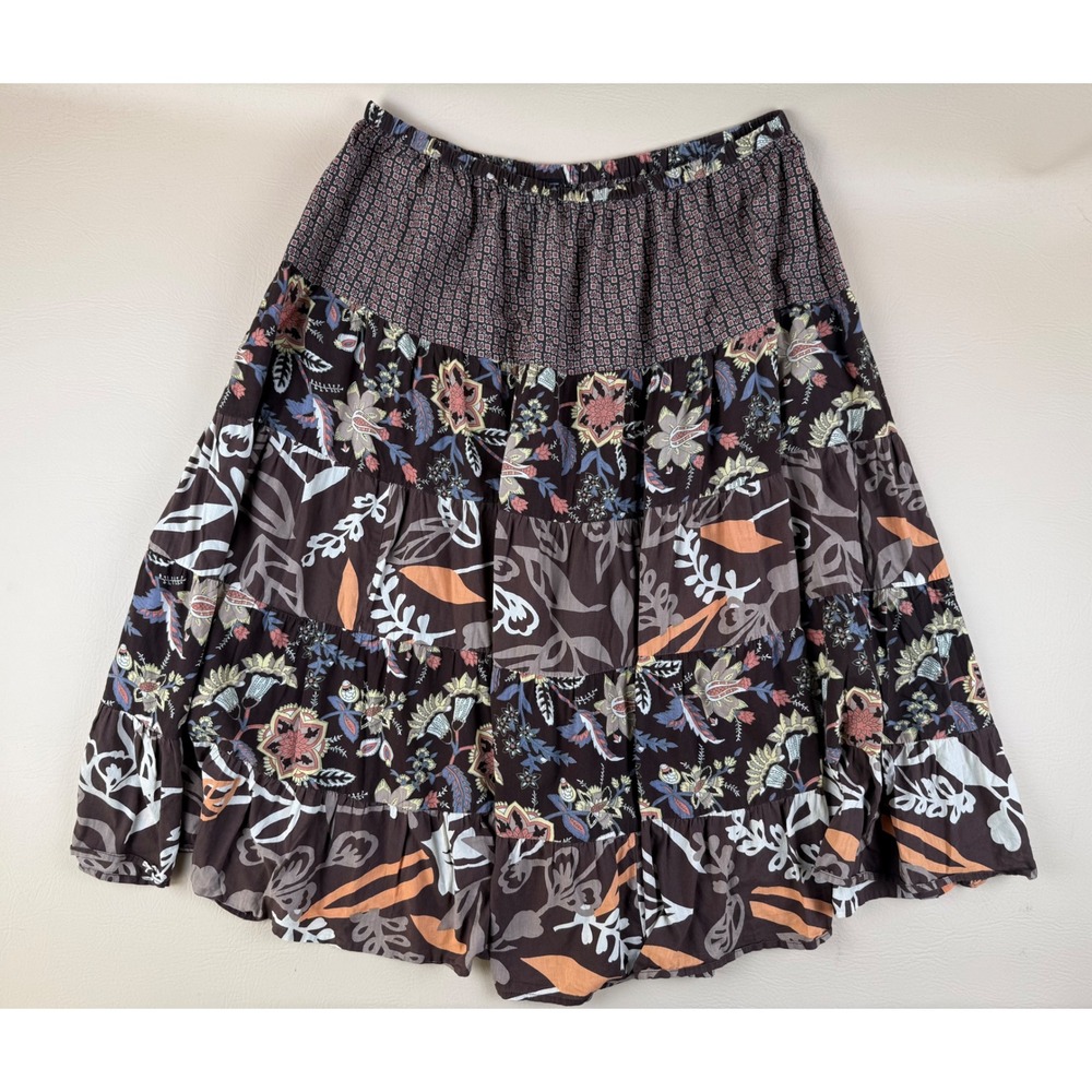 Boho‎ Patchwork Tiered Midi Skirt Floral Cottagecore Peasant Cotton L